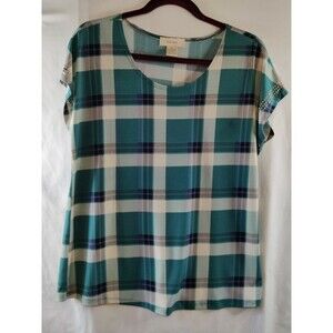 Diana‎ Belle Womens Plaid Top Rhinestone Short Sleeve Scoop Neck Size Large